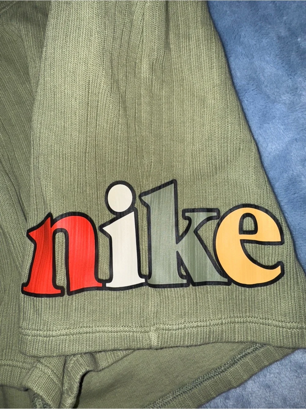 Nike Olive Ribbed High-Waist Athletic Shorts with Logo-Size Large